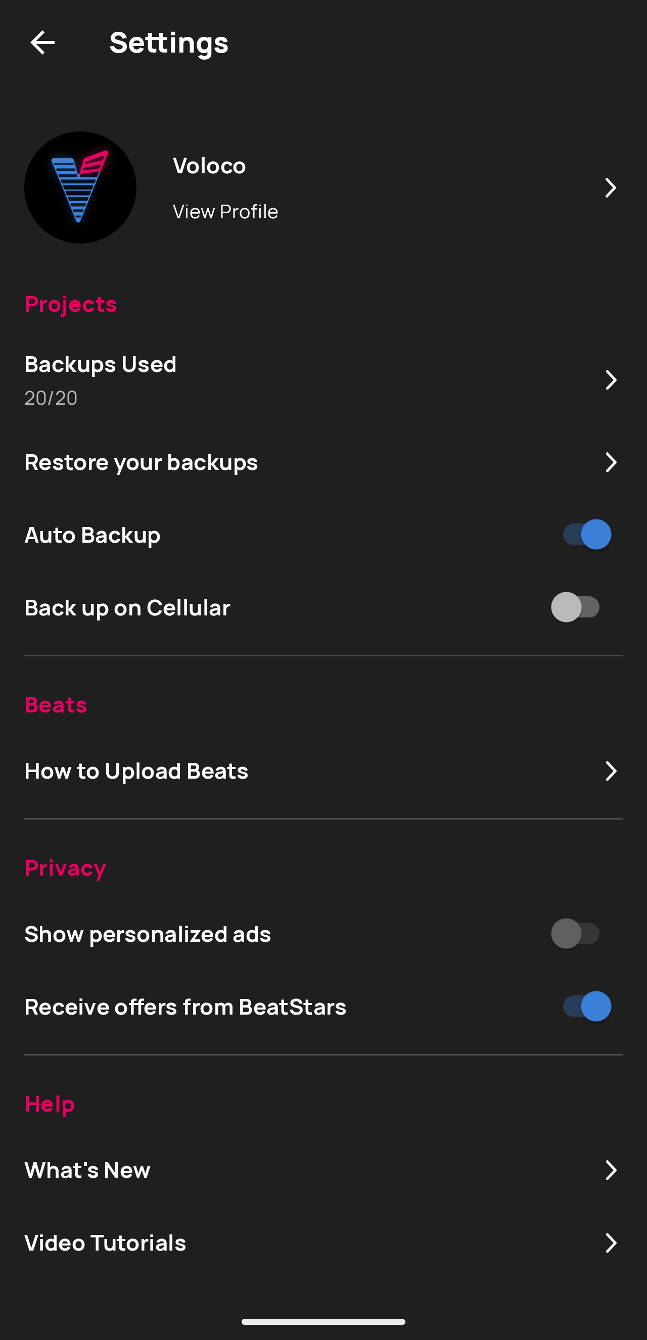 The Settings page