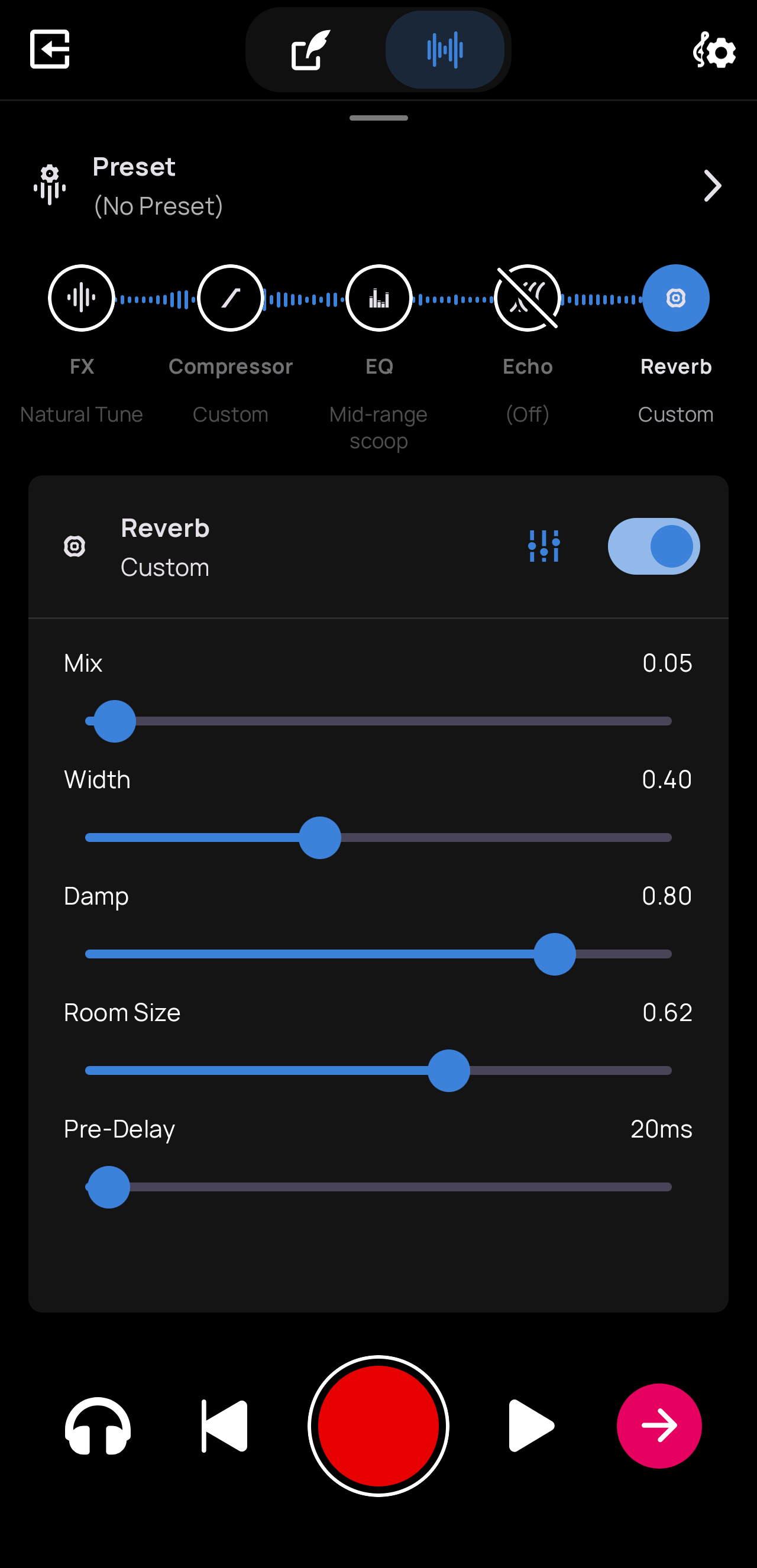 The Custom Reverb panel