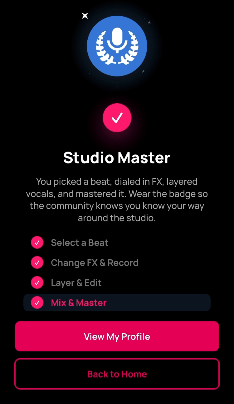 Animated Studio Master completion screen with the badge unlocked and all four quest steps checked off