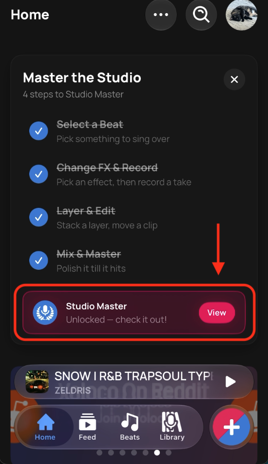 Master the Studio quest card on Home with all four steps checked off and the Studio Master badge unlocked