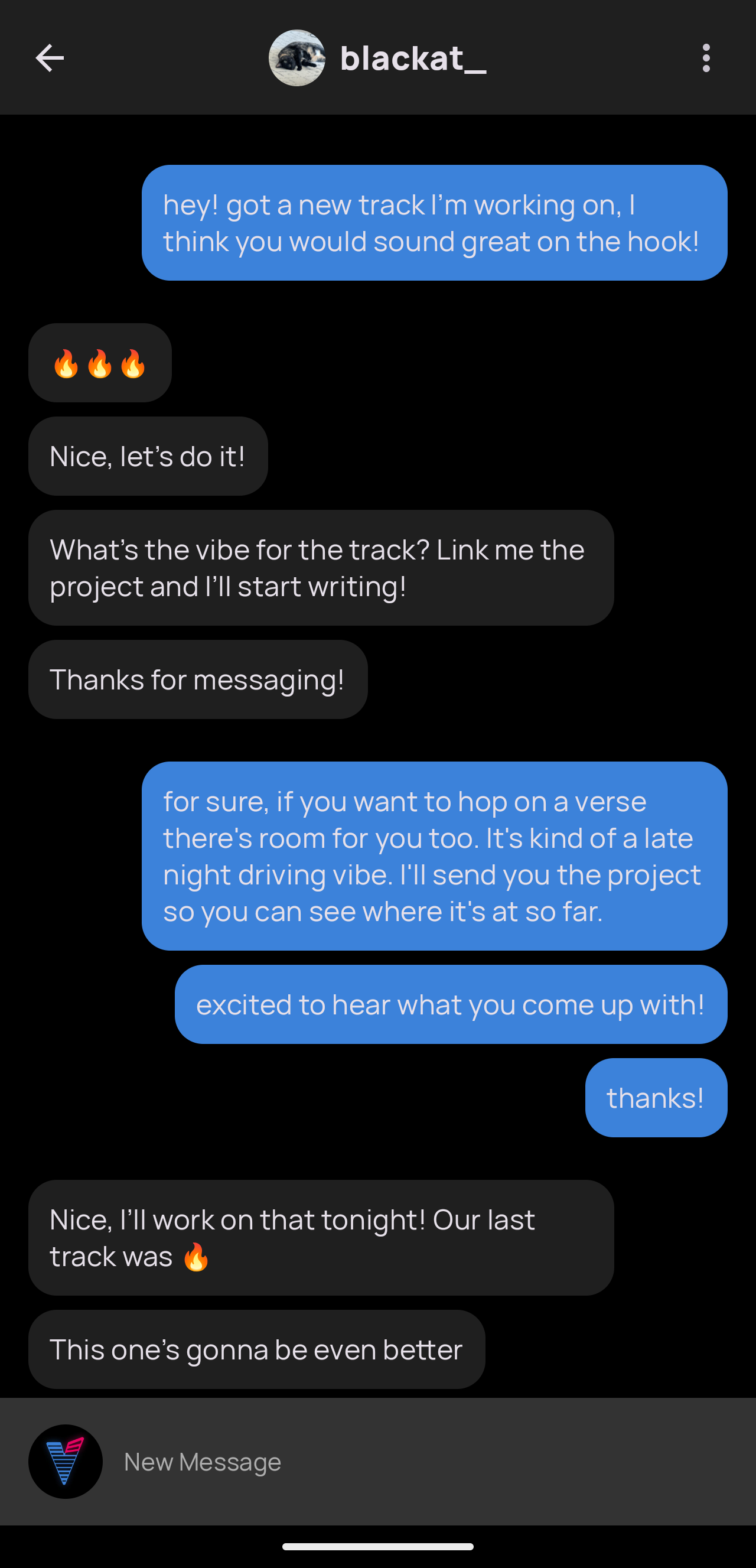 Android conversation in Voloco 9.21, with the profile picture in the header and shorter message bubbles.