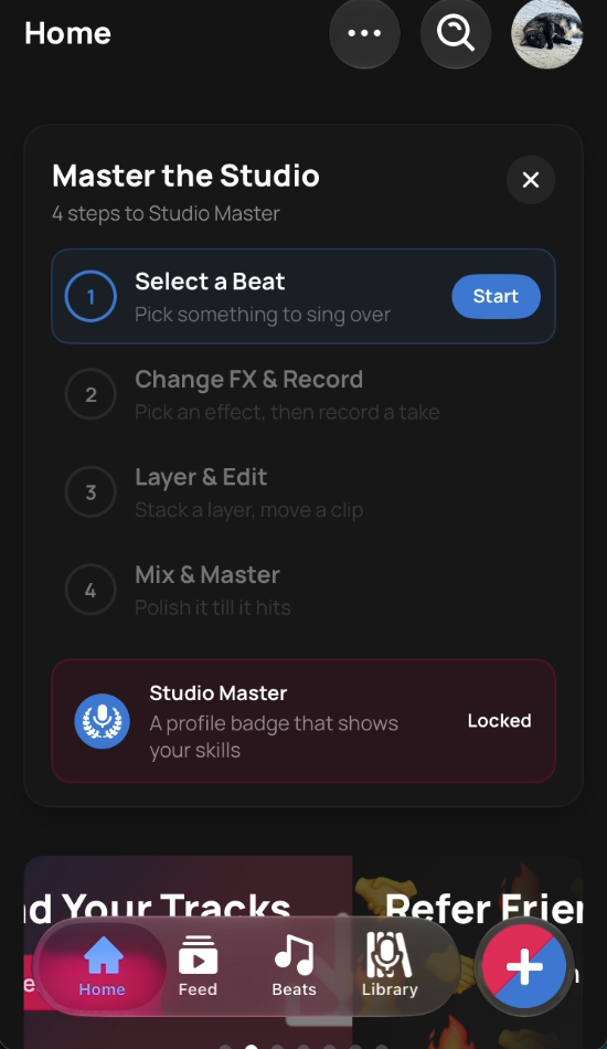 Master the Studio quest card on the Voloco Home screen, showing four steps with Select a Beat ready to start