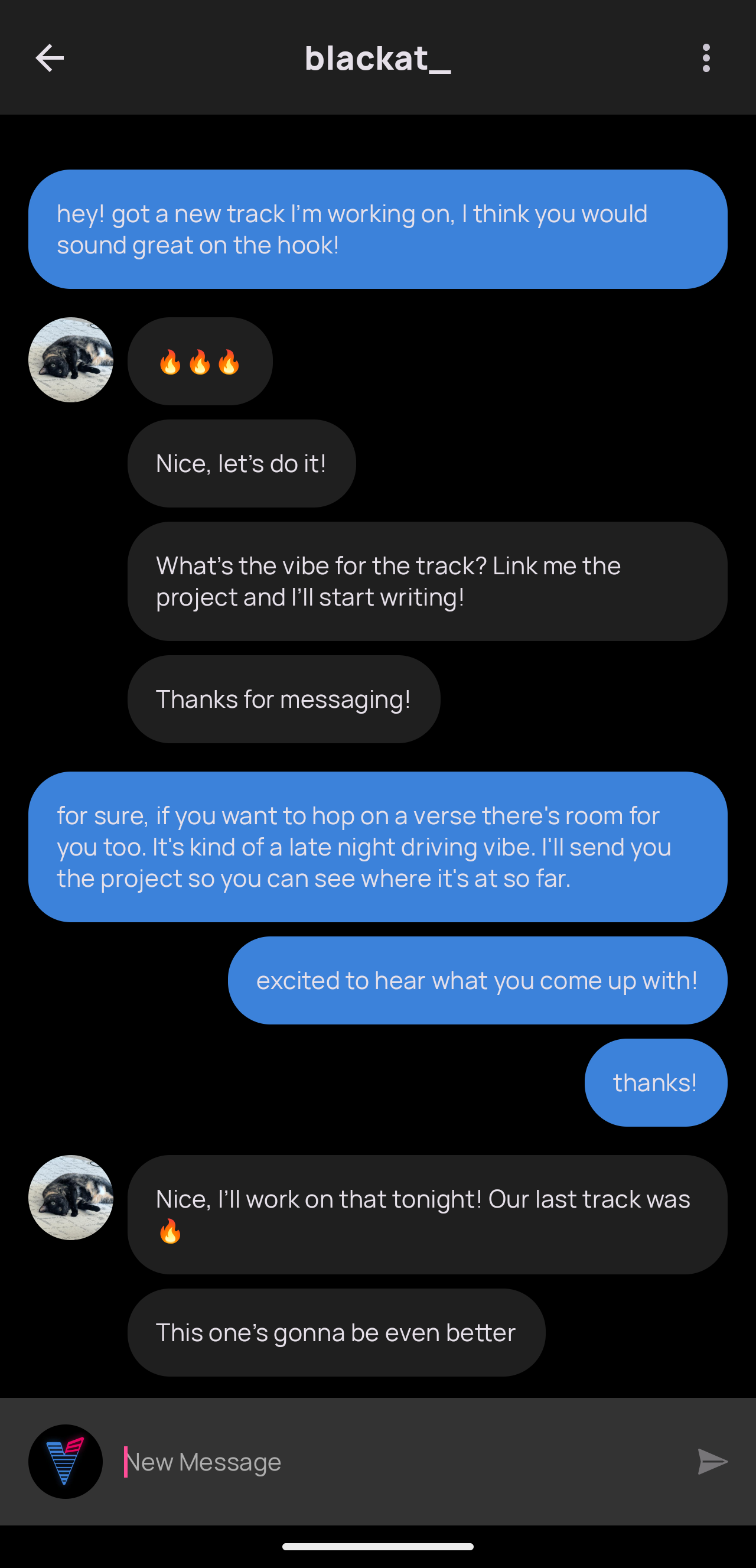 Android conversation in Voloco 9.20, with profile pictures beside the other person's messages.